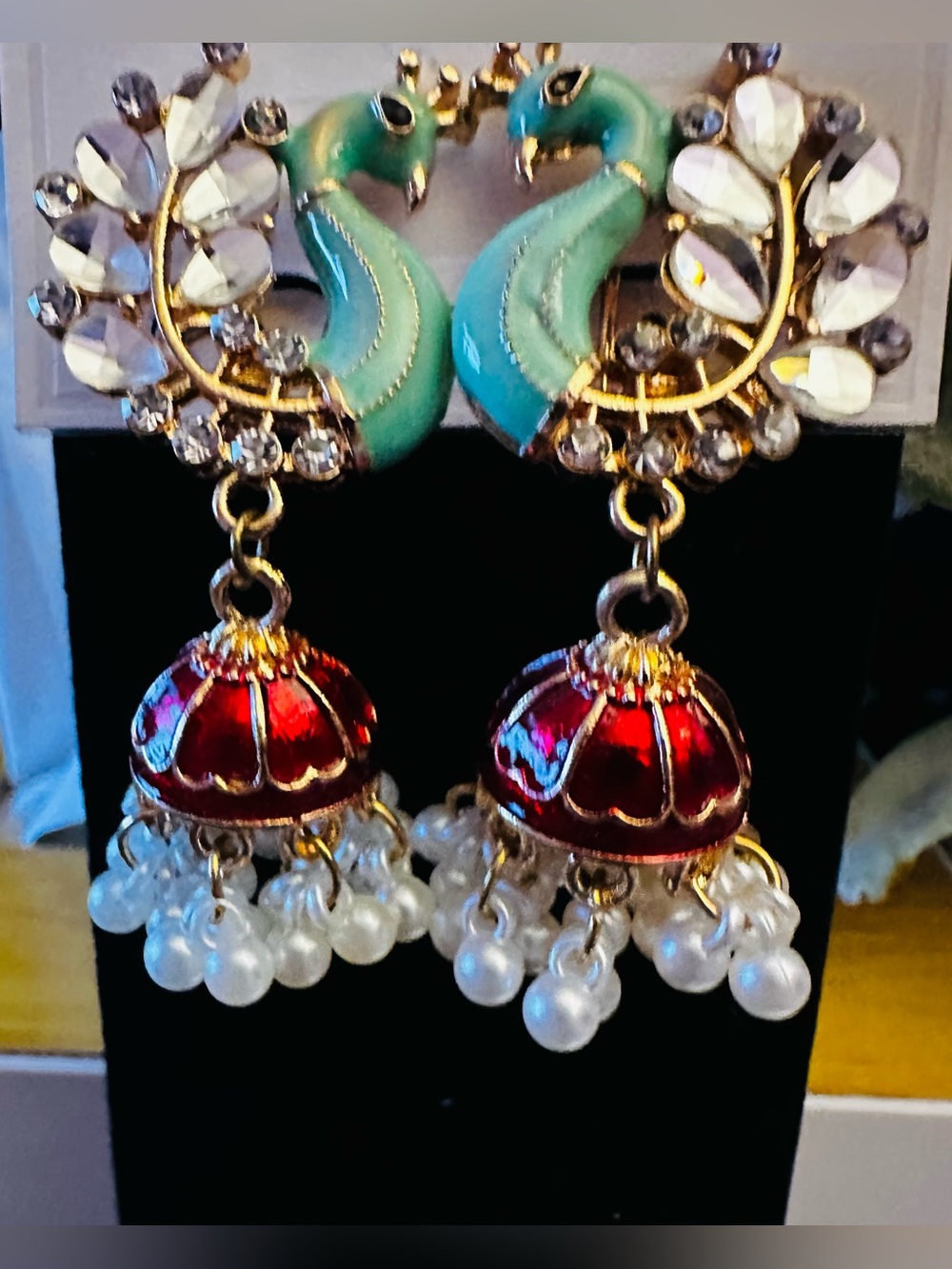 Turquoise Peacock Red Jhumka Earrings